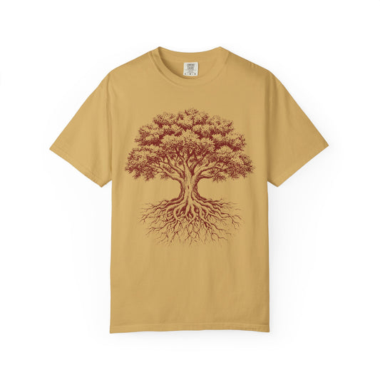 Nature inspired t-shirt featuring ancient oak tree artwork