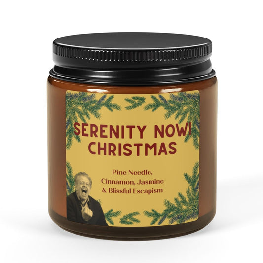 Candle jar labeled 'Serenity Now Christmas' with a label featuring text and a photo. 4oz