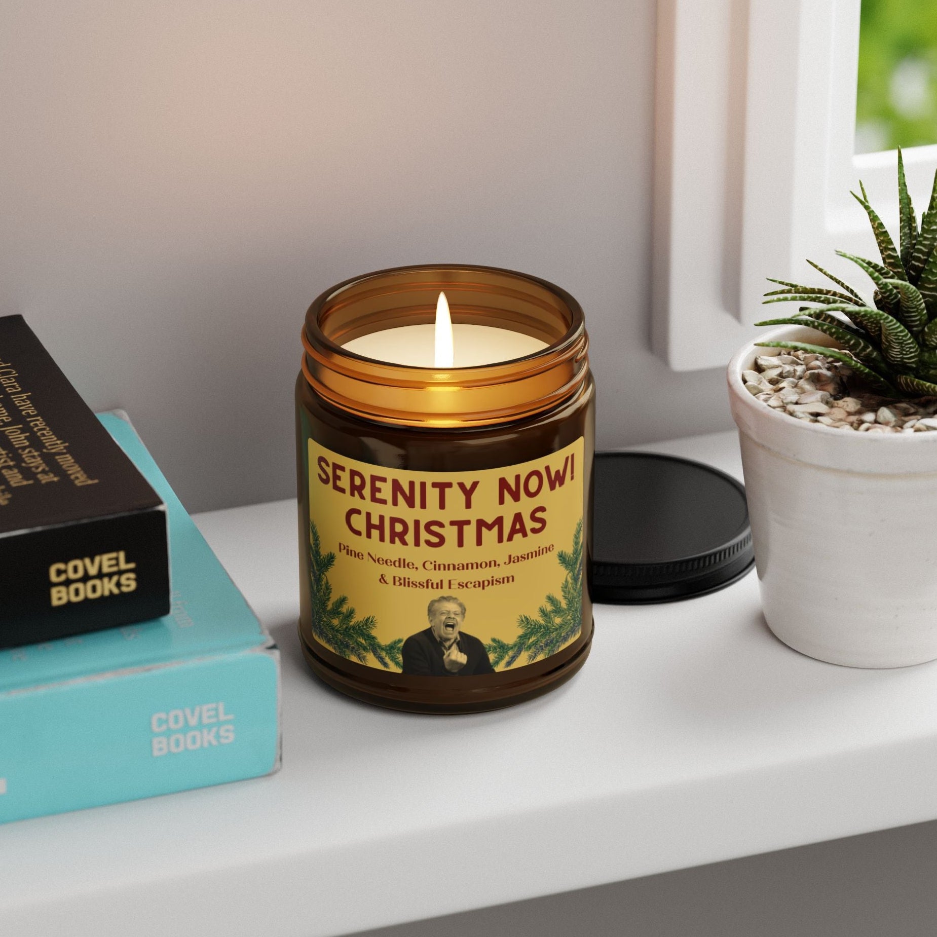 Candle labeled 'Serenity Now Christmas' on a shelf with books and a plant 9oz