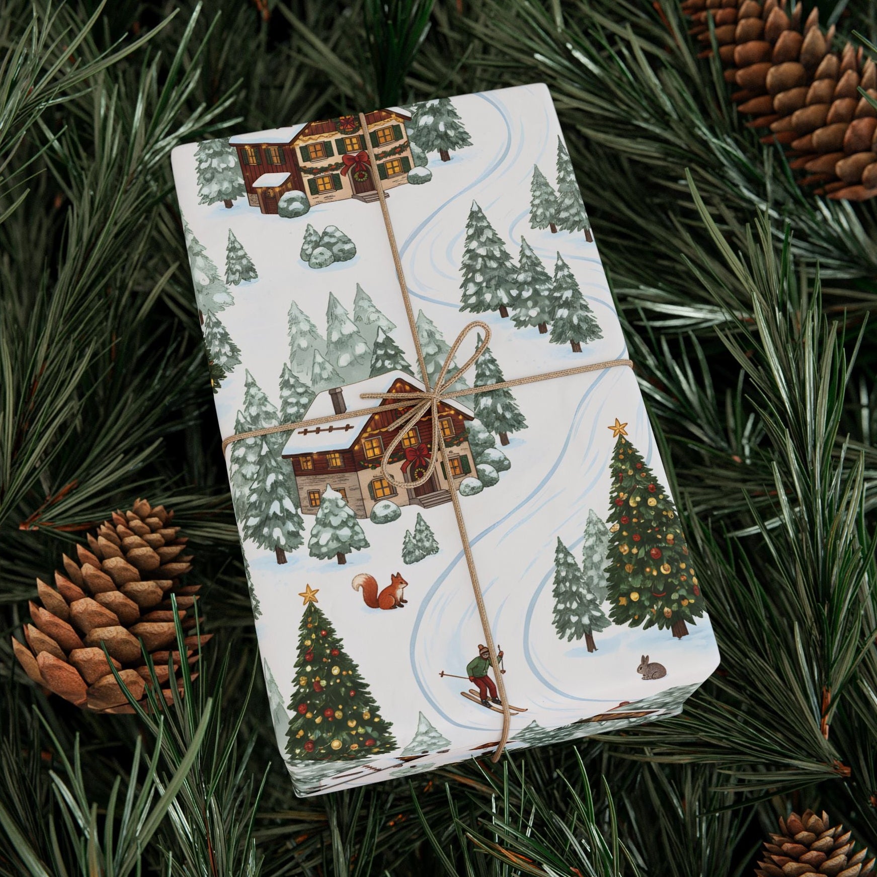 Gift box with ski-themed wrapping paper on pine branches
