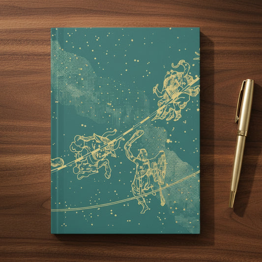 Notebook with gold astrological design on a teal background