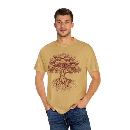 Oak tree of life t-shirt with intricate mystical design on man