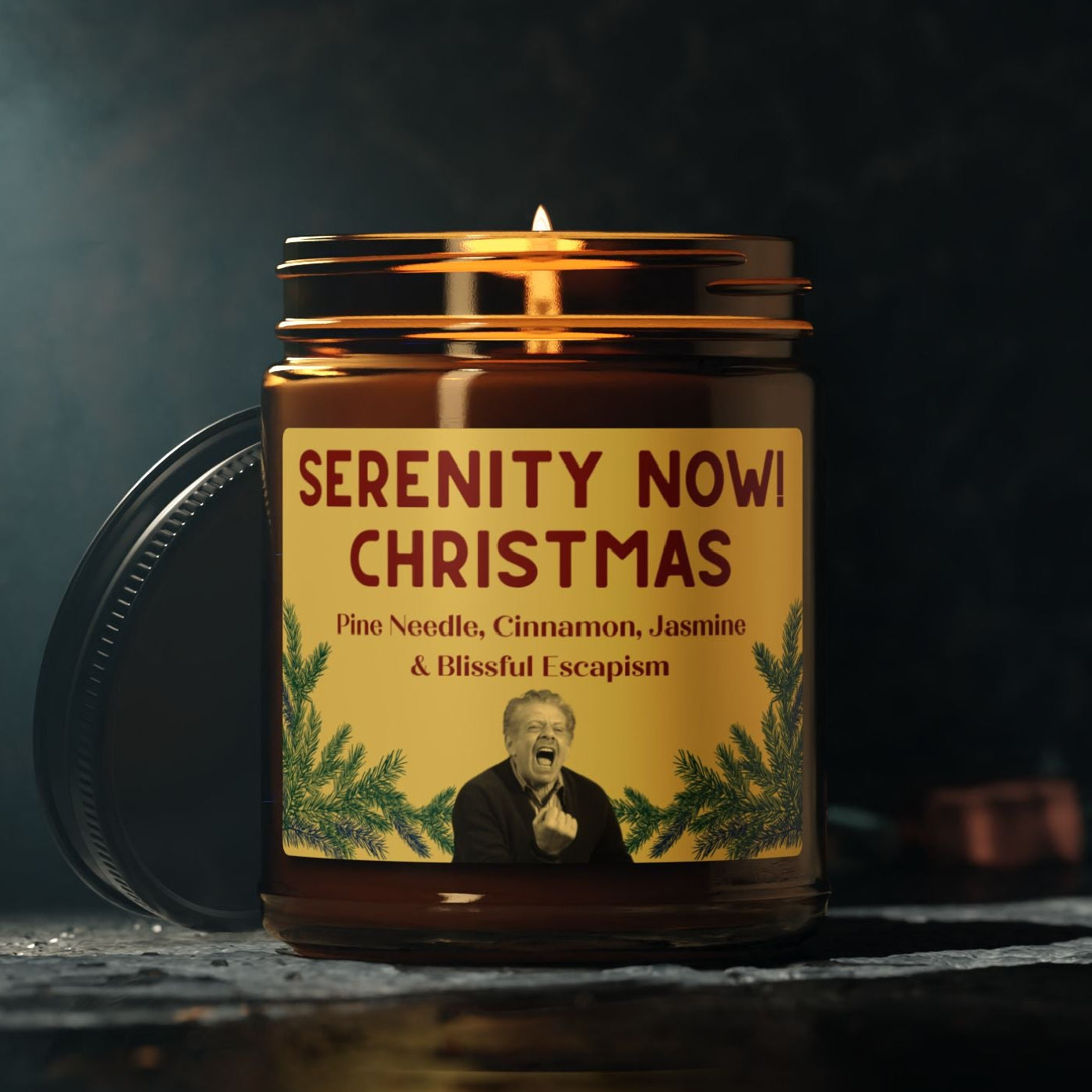 Funny Candle in a brown jar labeled, SERENITY NOW! referencing the classic Seinfeld Series with George Constanza's father, Frank. 9oz