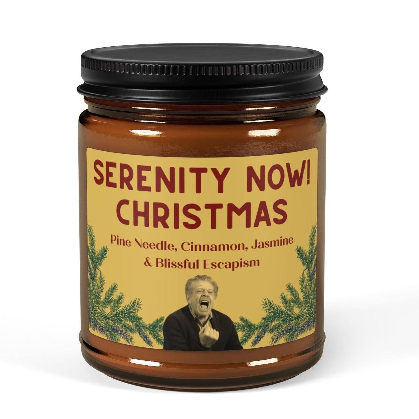 Scented candle jar labeled 'Serenity Now Christmas' 9oz