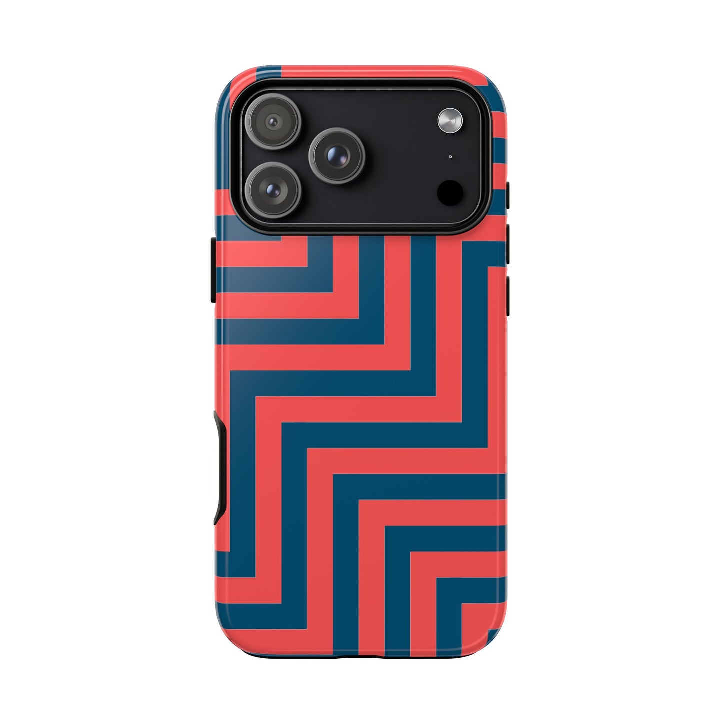 Phone case with red and blue zig zag pattern on a white background