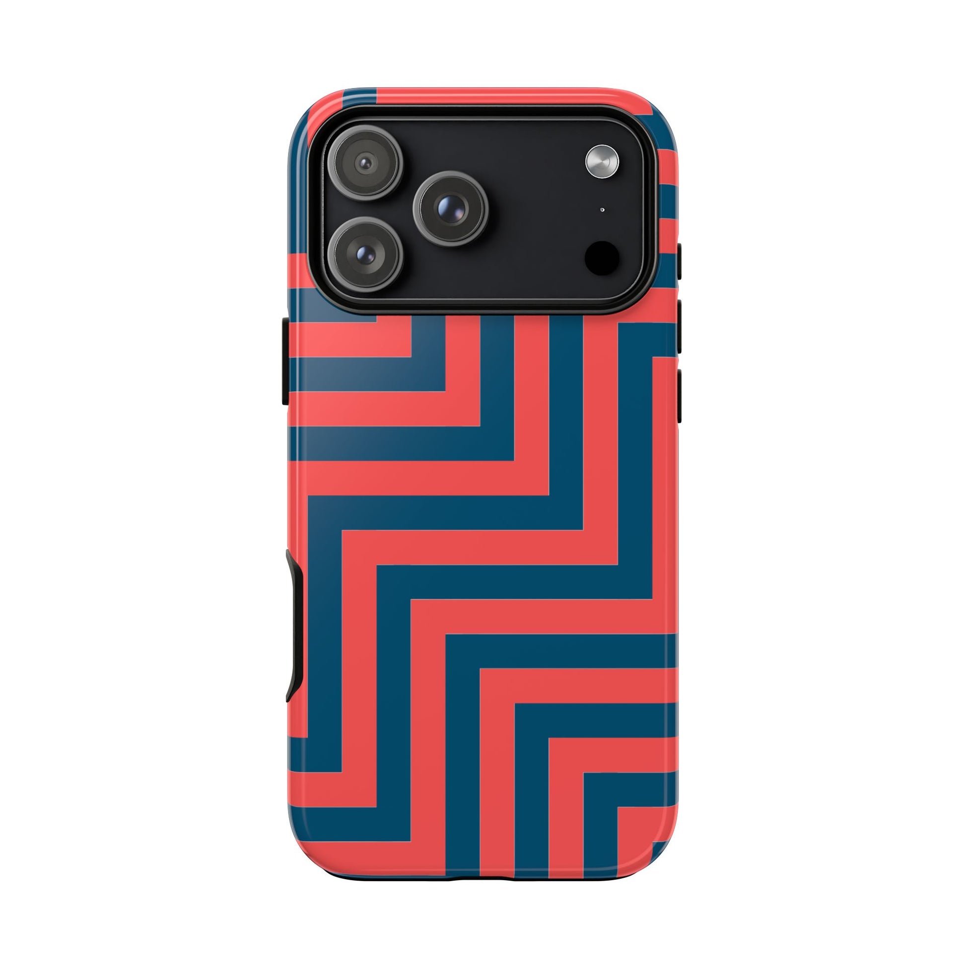 Phone case with red and blue zig zag pattern on a white background
