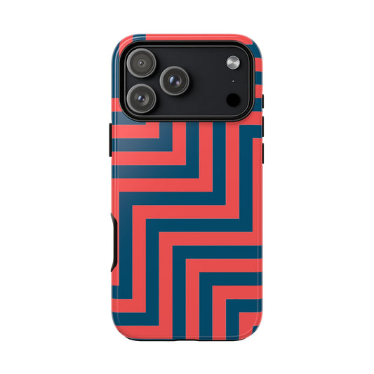 Phone case with red and blue zig zag pattern on a white background