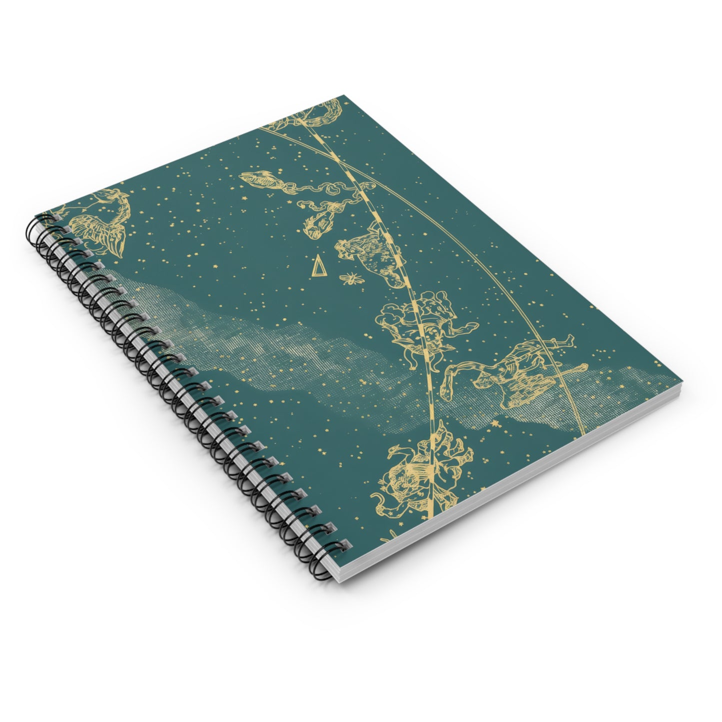 Spiral-bound notebook with gold astrological design on a teal background